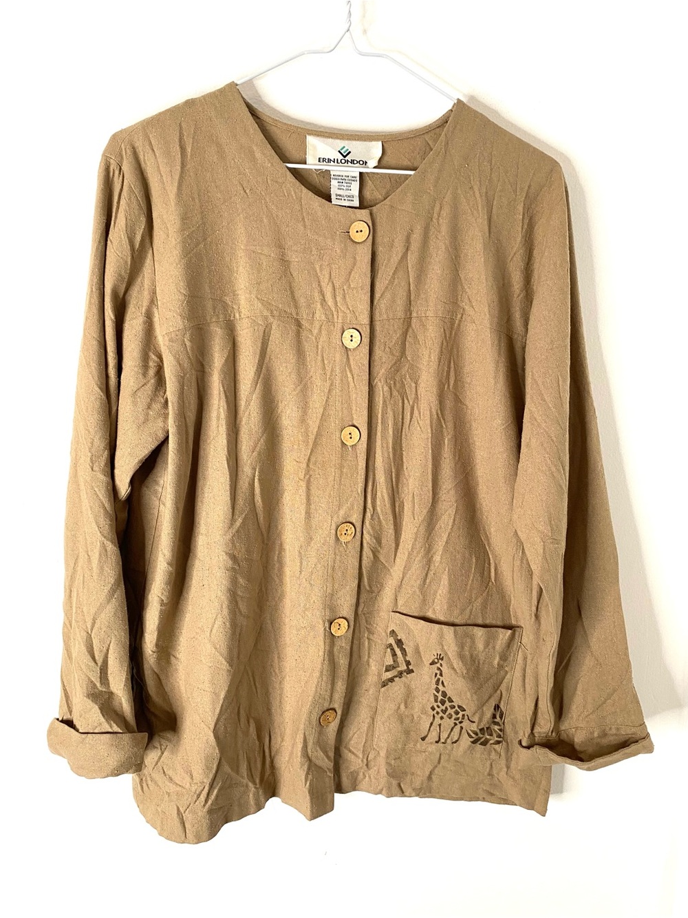 Erin London 100% Silk Safari Jacket Giraffe Print Button Front Tan Blazer
